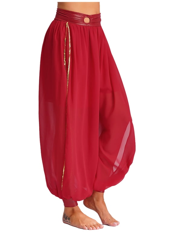 Women's Belly Dance Harem Pants Side Slits Sequins Bloomers Halloween Fancy Pants Trousers Red One Size