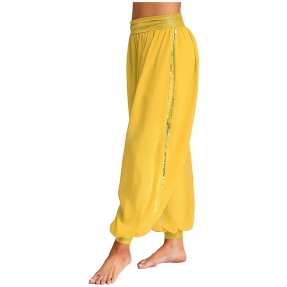 iiniim Women's Belly Dance Harem Pants Side Slits Sequins Bloomers Halloween Fancy Pants Trousers Yellow One Size