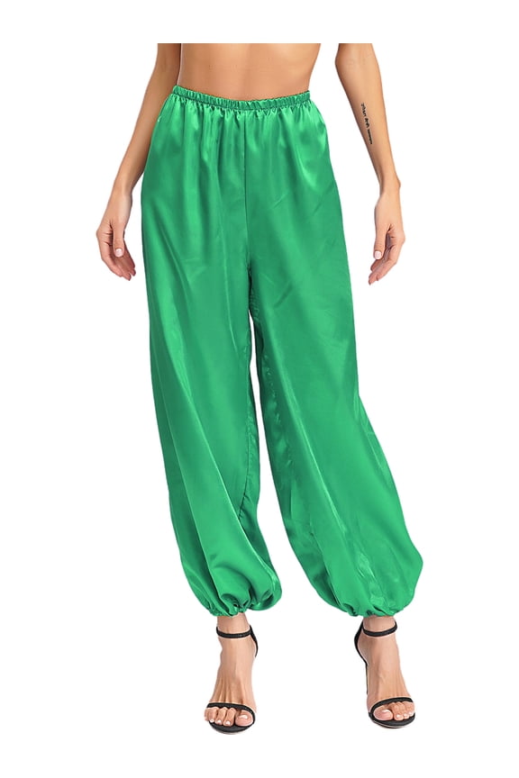 Women's Belly Dance Pants High Waist Gold Trim Bloomers Arabian Costume Lantern Pants Green XXL