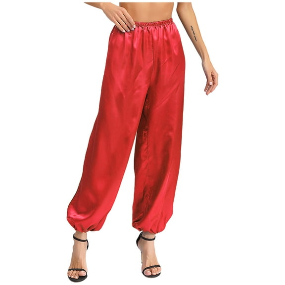 iiniim Women's Belly Dance Pants High Waist Gold Trim Bloomers Arabian Costume Lantern Pants Red 3XL