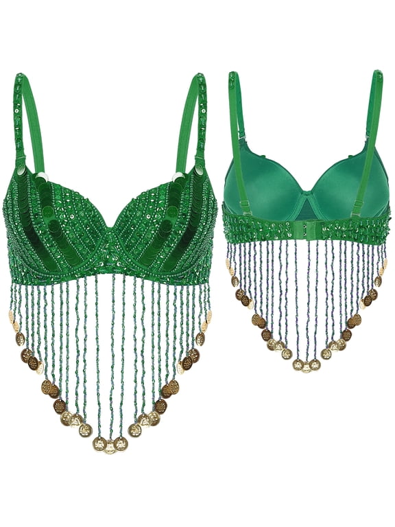 Women's Belly Dance Performance Sequin Latin Dance Bra with Tassel for Carnival Party Green One Size