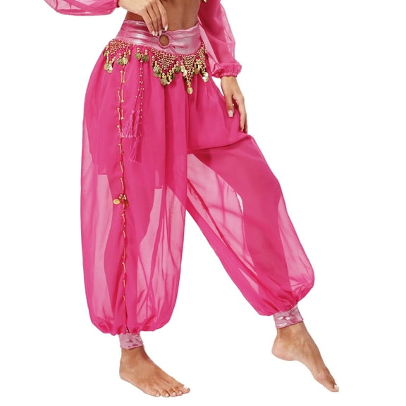 iiniim Women Belly Dance Costume Chiffon Lantern Harem Tribal Pants Belly Dancewear Hot Pink One Size