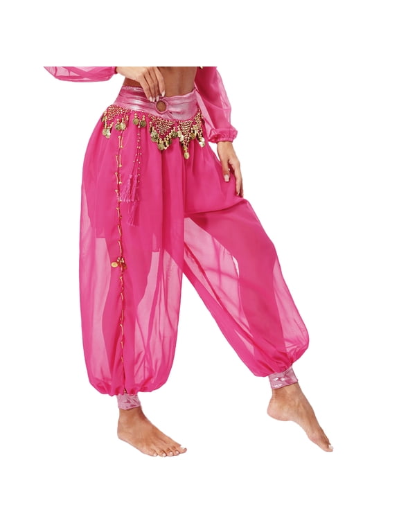 Women Belly Dance Costume Chiffon Lantern Harem Tribal Pants Belly Dancewear Hot Pink One Size