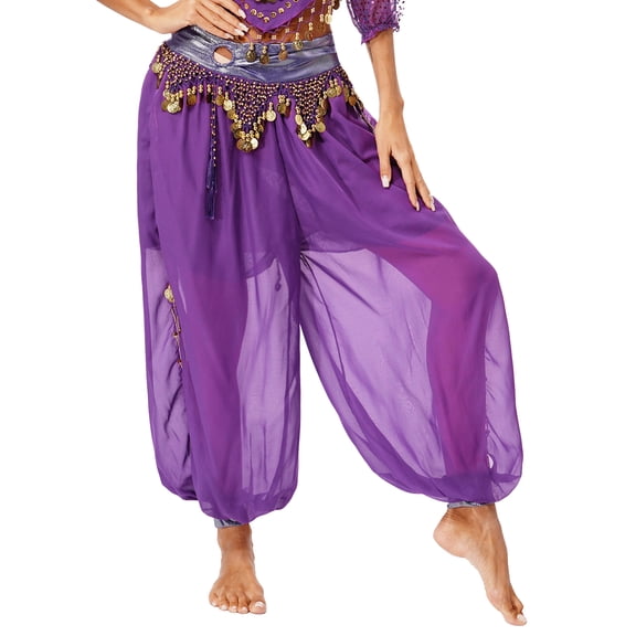 iiniim Women Belly Dance Costume Chiffon Lantern Harem Tribal Pants Belly Dancewear Purple One Size