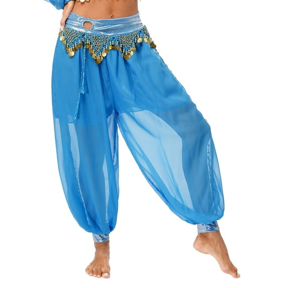 iiniim Women Belly Dance Costume Chiffon Lantern Harem Tribal Pants Belly Dancewear Sky Blue One Size