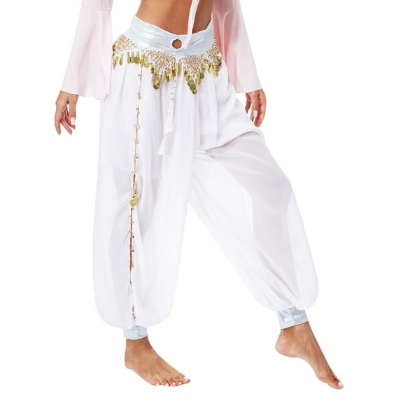 iiniim Women's Belly Dance Trousers Sequins Bloomers Lantern Loose Pants India Dance White One Size