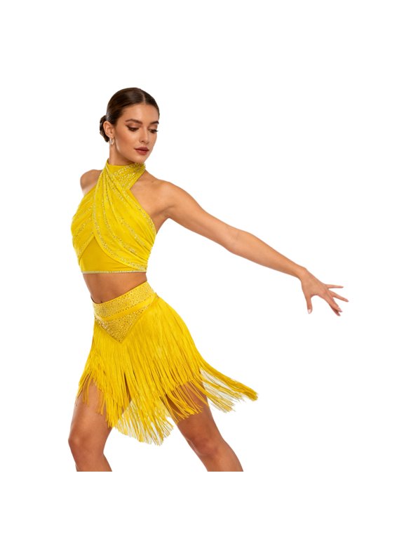 Women's Cha Cha Latin Salsa Dance Outfits Sleeveless Ruched Crop Top with Fringe Swing Skirt Yellow S