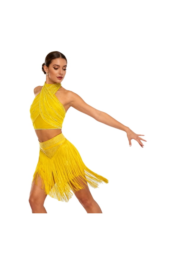 Women's Cha Cha Latin Salsa Dance Outfits Sleeveless Ruched Crop Top with Fringe Swing Skirt Yellow XXL