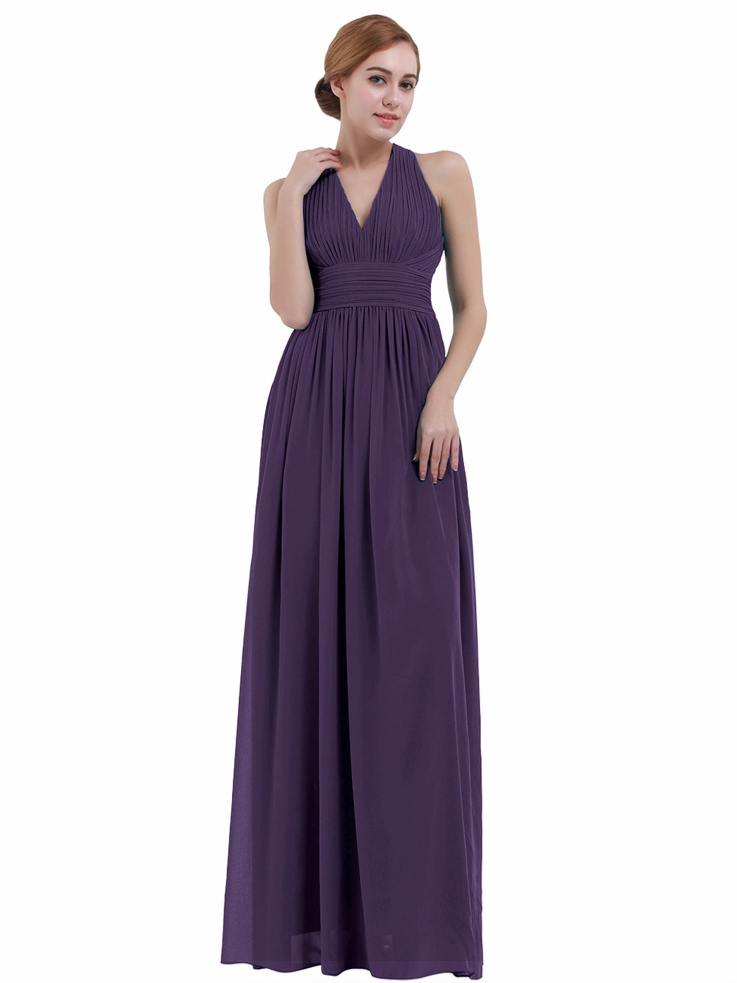 Women's Chiffon Halter V Neck Bridesmaid Long Dress Evening Party Prom Gown Dark Purple 6
