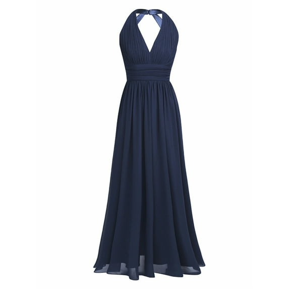 iiniim Women's Chiffon Halter V Neck Bridesmaid Long Dress Evening Party Prom Gown Navy Blue 10