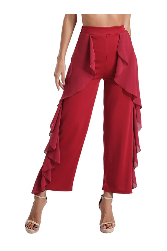 Women's Chiffon Ruffle Dance Pants Ballroom Latin Tango Salsa Practice Performance Dancing Burgundy M