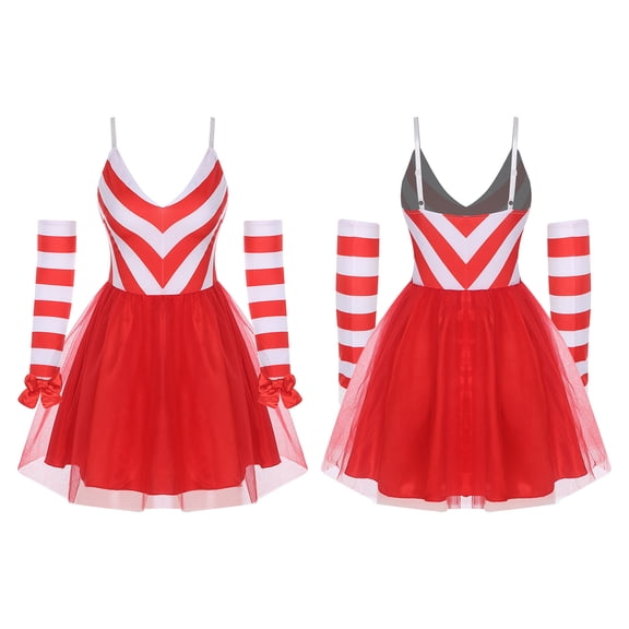 iiniim Women's Christmas Costume Outfit V-Neck Striped Bodice Tulle Dress Bow & Gloves Red S