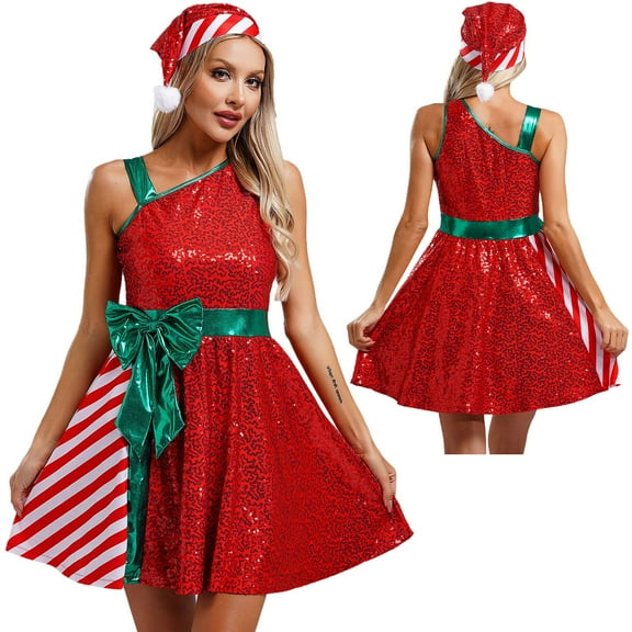 iiniim Women's Christmas Dance Dress Mrs.Santa Claus Shiny Sequin Xmas Party Dress with Hat Red XXL