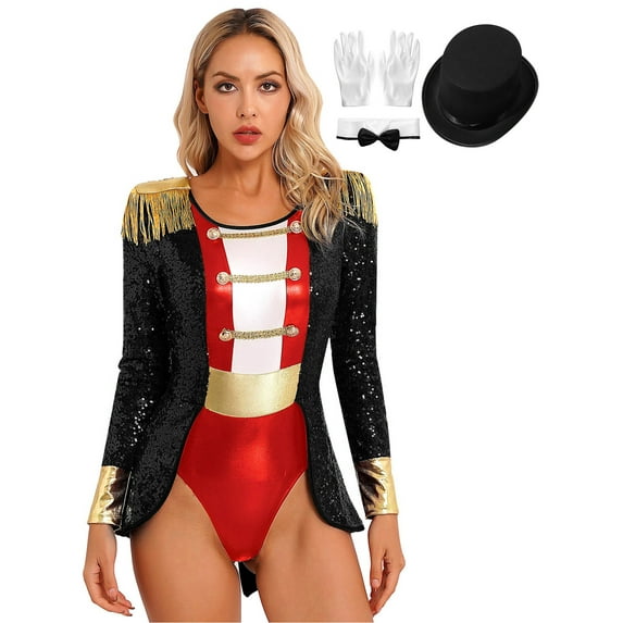 iiniim Women's Circus Ringmaster Costume Ringleader Cosplay Bodysuit Stage Shows Halloween Fancy Dress Up Black M