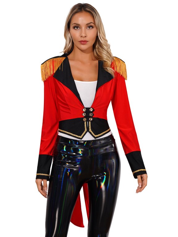 Women's Circus Ringmaster Costume Tassel Long Sleeve Tailcoat Jacket Deep V Neck Halloween Cosplay Red S