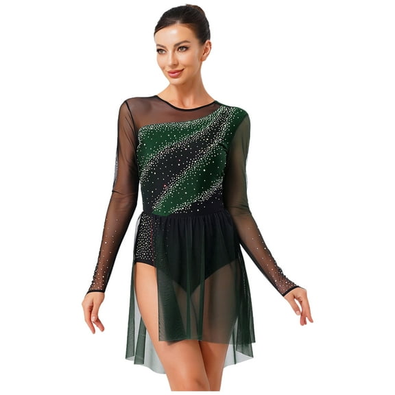 iiniim Women's Color Block Lyrical Dance Dress Long Sleeve Rhinestone Figure Skating Ballet Dancewear Dark Green XL