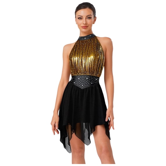 iiniim Women's Color Block Lyrical Dance Dress Sleeveless Ruched Figure Skating Modern Dancewear Black XXL