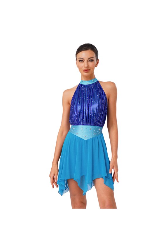 Women's Color Block Lyrical Dance Dress Sleeveless Ruched Figure Skating Modern Dancewear Blue S