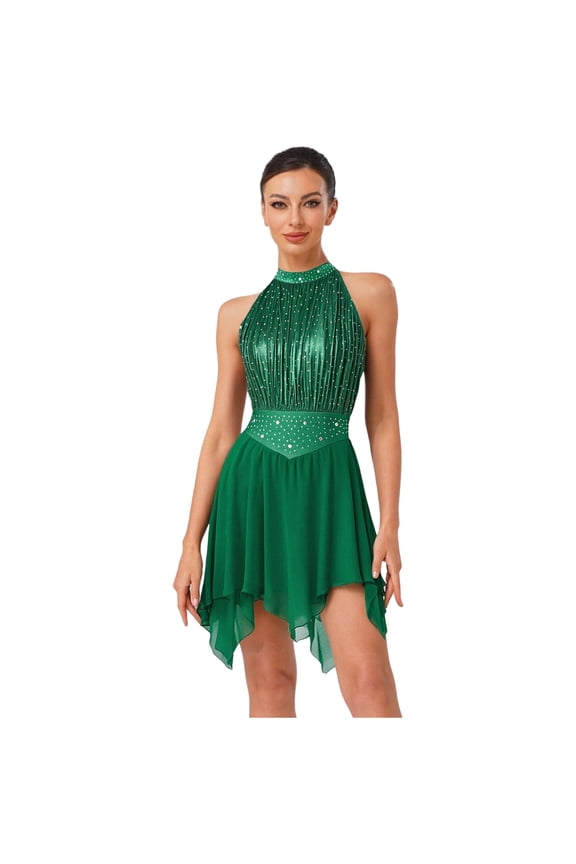 Women's Color Block Lyrical Dance Dress Sleeveless Ruched Figure Skating Modern Dancewear Green S