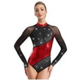 thumbnail image 1 of iiniim Women's Color Block Shiny Rhinestone Gymnastics Unitards Long Sleeve Figure Skating Jumpsuit Black&Red L, 1 of 7