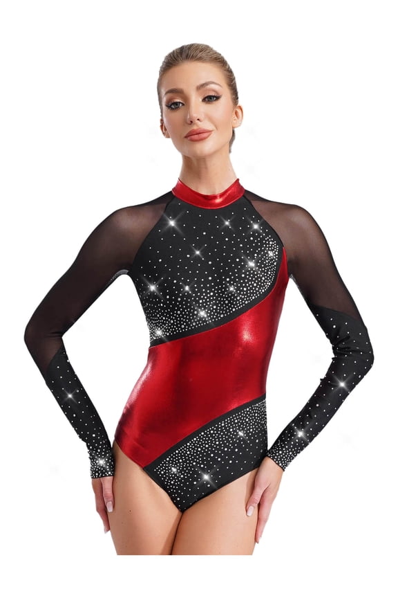 Women's Color Block Shiny Rhinestone Gymnastics Unitards Long Sleeve Figure Skating Jumpsuit Black&Red S