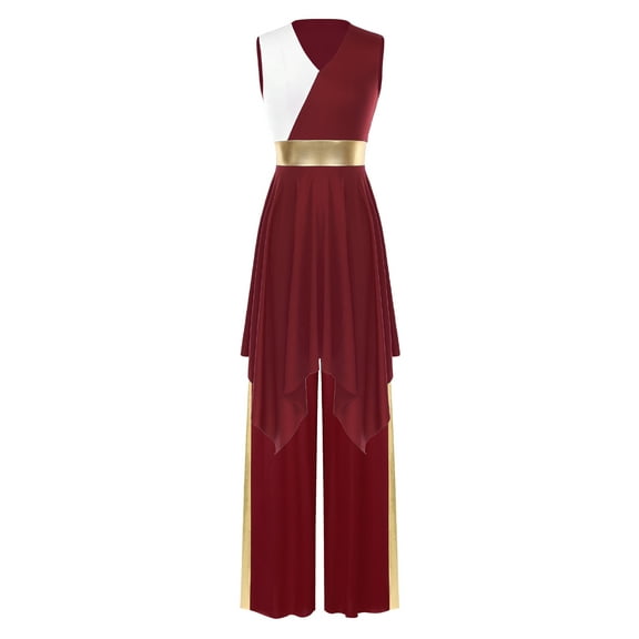 iiniim Women's Color Block Sleeveless Liturgical Dance Dress with Wide Leg Pants Praise Dancewear Burgundy XXL