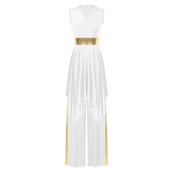 iiniim Women's Color Block Sleeveless Liturgical Dance Dress with Wide Leg Pants Praise Dancewear White XL