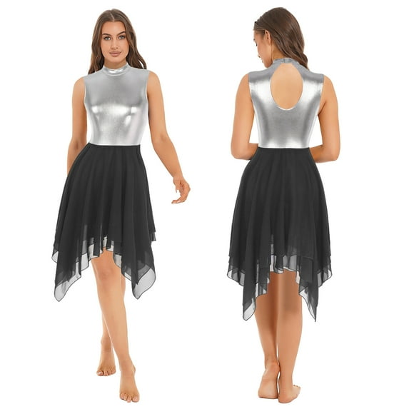 iiniim Women's Color Block Sleeveless Lyrical Dance Costume Asymmetrical Hem Liturgical Praise Dress Size S-3XL Black M