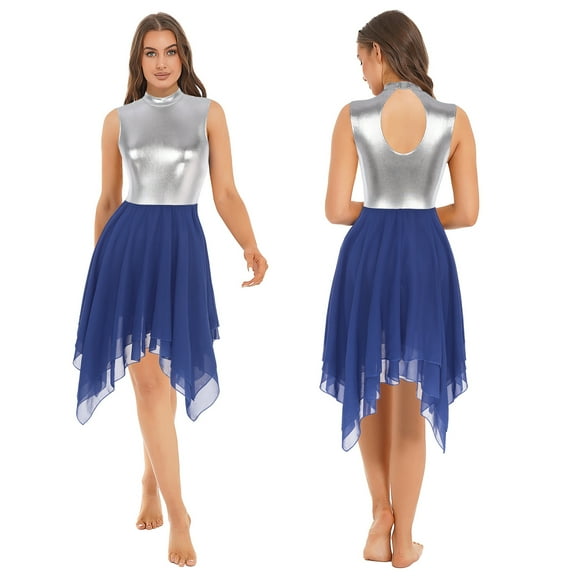 iiniim Women's Color Block Sleeveless Lyrical Dance Costume Asymmetrical Hem Liturgical Praise Dress Size S-3XL Blue M