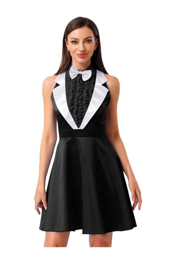 Women's Costume 80s 90s Style Sleeveless High Waist A-line Dress for Halloween Black M