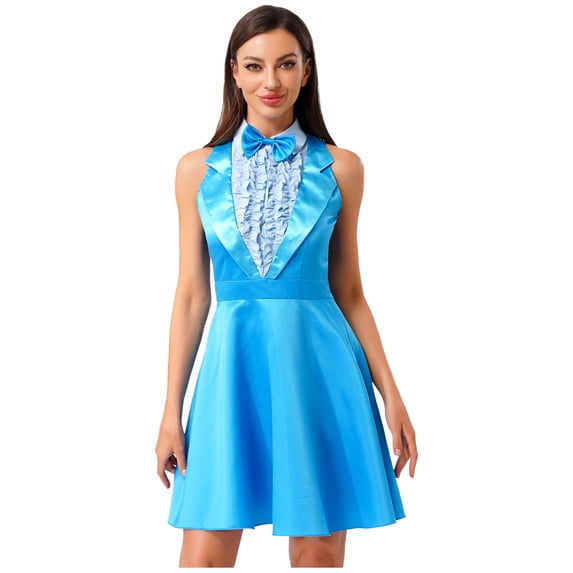 iiniim Women's Costume 80s 90s Style Sleeveless High Waist A-line Dress for Halloween Blue XL
