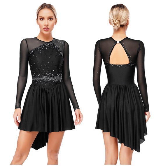 iiniim Women's Figure Ice Skating Dress Long Sleeve Rhinestones Roller Skating Lyrical Dancewear Black XL