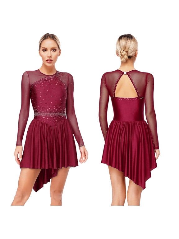 Women's Figure Ice Skating Dress Long Sleeve Rhinestones Roller Skating Lyrical Dancewear Burgundy L