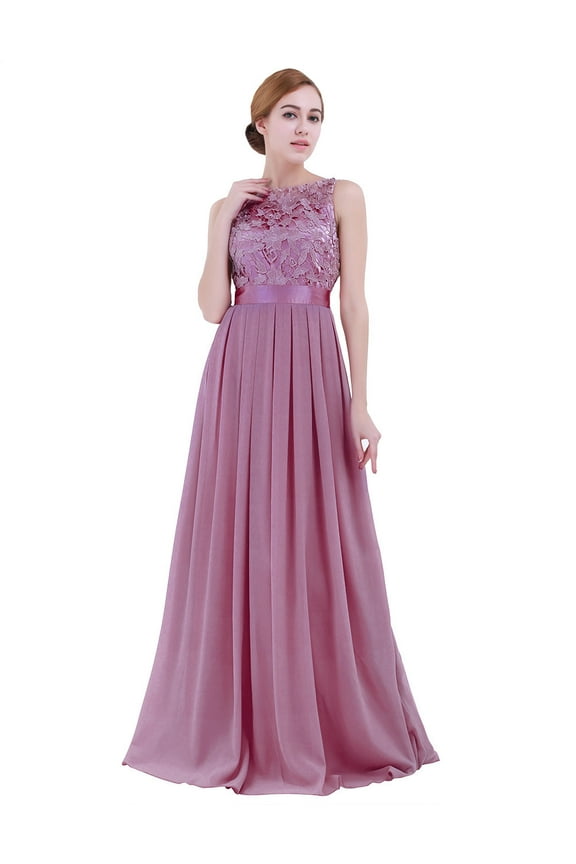 Women's Floral Lace Appliques Chiffon Wedding Bridesmaid Long Dress Prom Evening Gowns