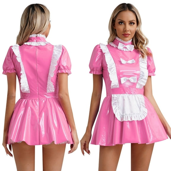 iiniim Women's French Maid Halloween Cosplay Outfits Shiny Leather Tutu Dress Clubwear Pink 4XL