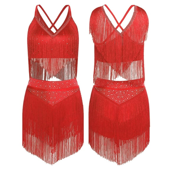 iiniim Women's Fringe Latin Belly Dance Costume Fringe Crop Top with Tiered Tassels Skirt Rave Outfits Red XL