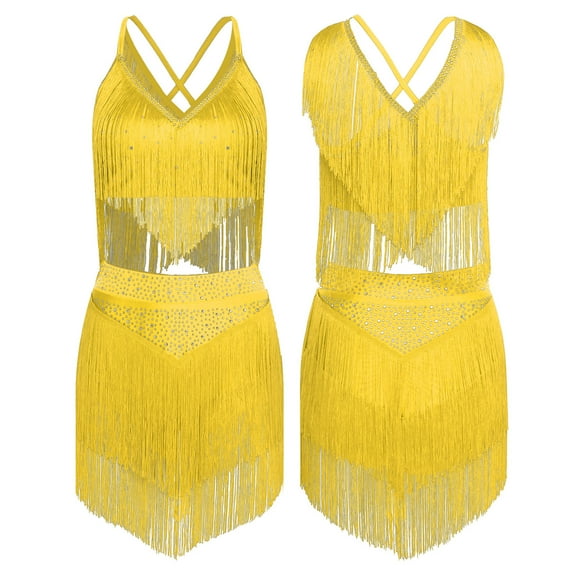 iiniim Women's Fringe Latin Belly Dance Costume Fringe Crop Top with Tiered Tassels Skirt Rave Outfits Yellow XL
