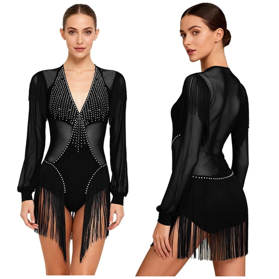iiniim Women's Fringe Latin Samba Leotard Long Sleeve Gymnastics Leotard Figure Skating Bodysuit Black M