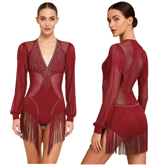 iiniim Women's Fringe Latin Samba Leotard Long Sleeve Gymnastics Leotard Figure Skating Bodysuit Burgundy L