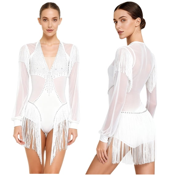 iiniim Women's Fringe Latin Samba Leotard Long Sleeve Gymnastics Leotard Figure Skating Bodysuit White M