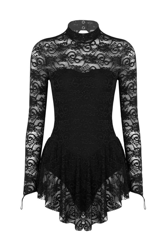 Women's Girls Turtleneck Long Sleeve Lace Figure Ice Skating Dress Ballet Dance Costume