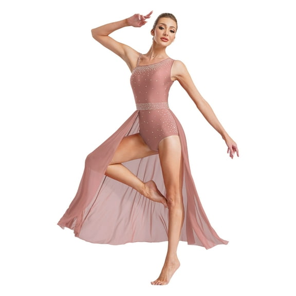 iiniim Women's Glittery Rhinestone Lyrical Dance Costume Sleeveless Split Maxi Dress Modern Dancewear Dusty Pink L