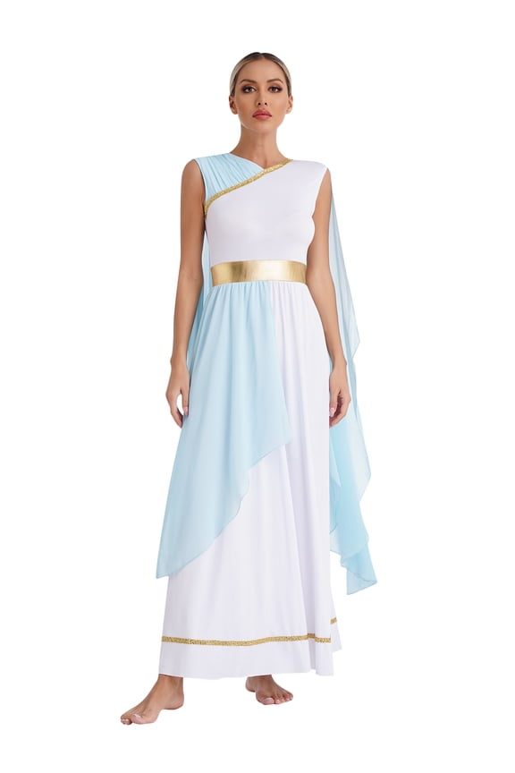Women's Greek Costume Roman Queen Princess Ancient Toga Gown Fancy Dress Up Light Blue 3XL