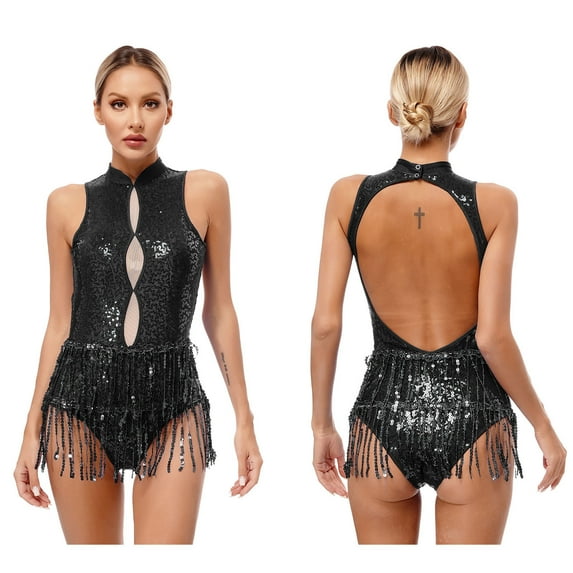 iiniim iiniim Women's Shiny Sequins Tassel Latin Jazz Dance Leotard Bodysuit Lyrical Costume Black S