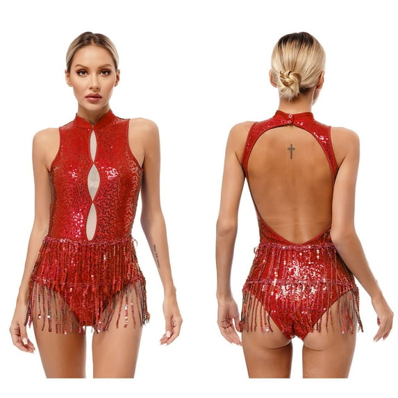 iiniim Women's Ice Dance Dress Tassel Sequins Leotard Sleeveless Front Cutout Performance Red XXL