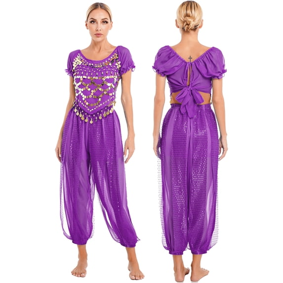 iiniim Women's Indian Belly Dance Costume Halloweem Performance Lace-up Back Crop Top Harem Pants