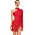 thumbnail image 1 of iiniim Women's Latin Dance Dress Single Long Sleeve Backless Rhinestone Fringe Ballroom Party Red XL, 1 of 6