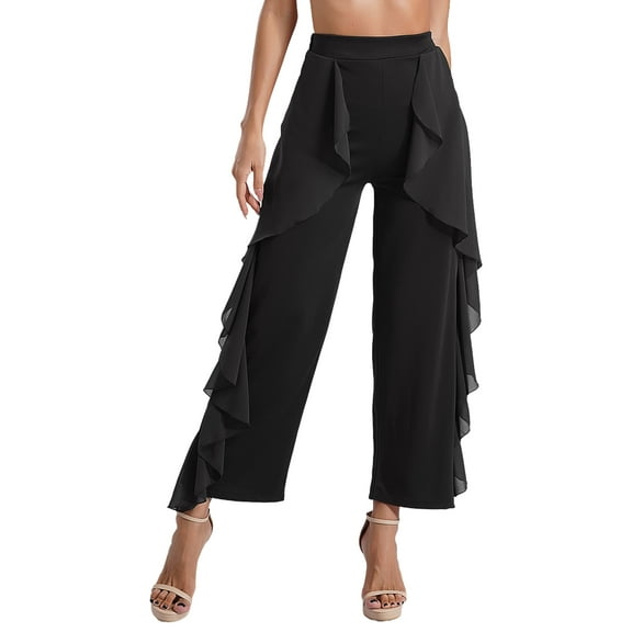iiniim Women's Latin Dance Pants Ruffle Draped Trousers for Ballroom Rumba Chacha Tango Salsa Practice Black M