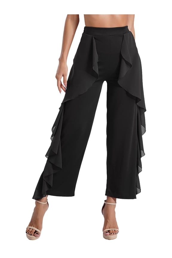 Women's Latin Dance Pants Ruffle Draped Trousers for Ballroom Rumba Chacha Tango Salsa Practice Black M