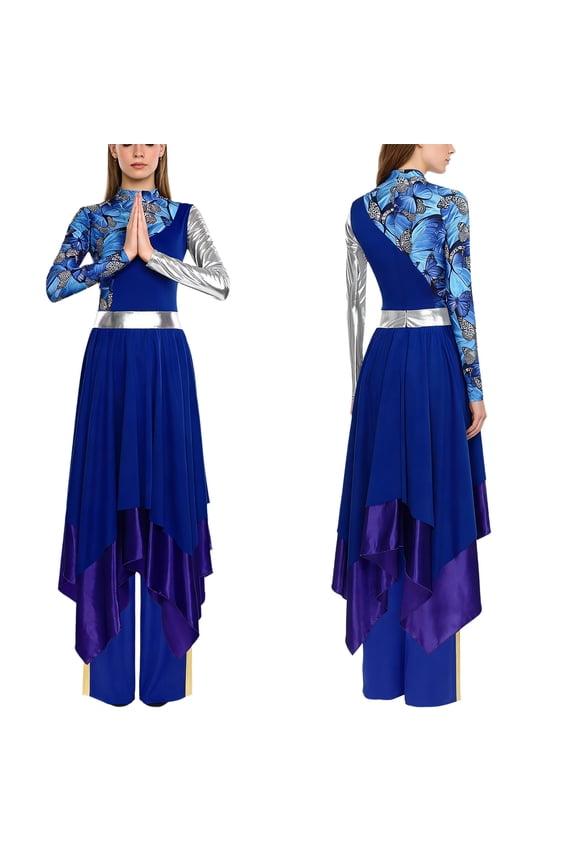 Women's Liturgical Praise Dance Long Sleeve Irregular Dress with Wide Leg Pants Choir Dancewear Blue S